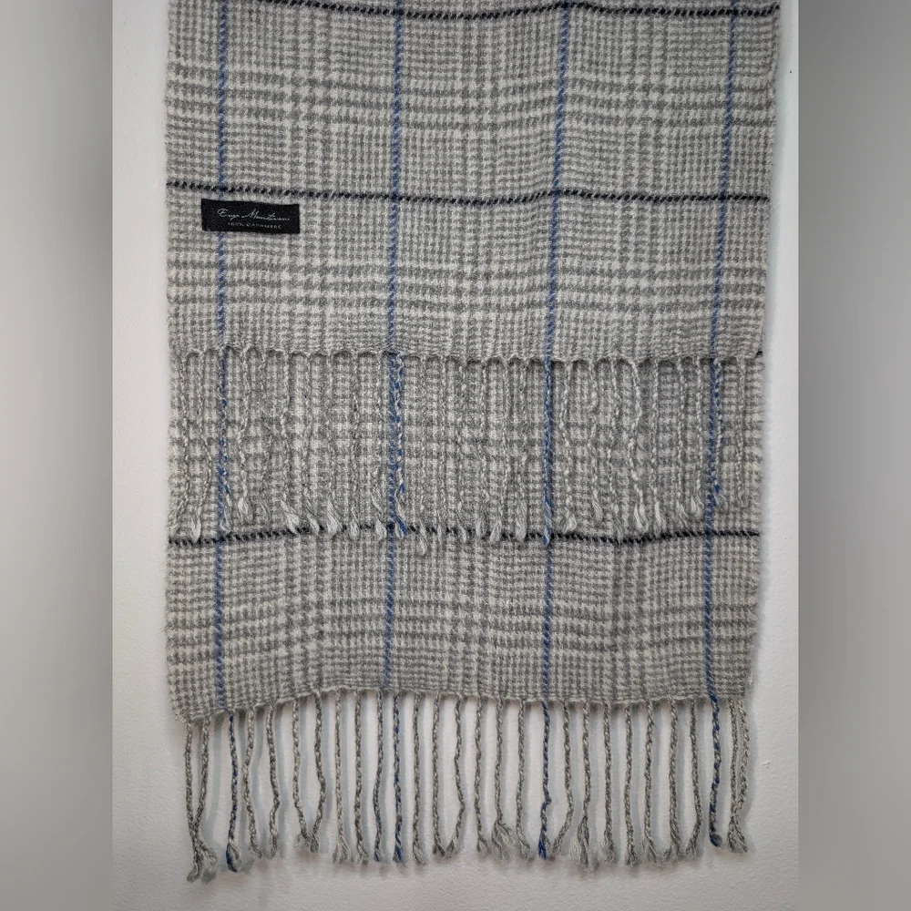 Enzo Mantovani Gray Blue Unisex 100% Cashmere Plaid Scarf